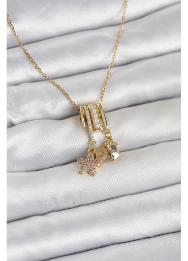 Erb 316L Çelik Gold Zirkon Taşlı Deniz Tema Charmlı Kadın Kolye