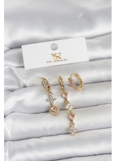 Erb Pirinç Gold Renk Pembe Zirkon Taşlı 3\'lü Kadın Küpe