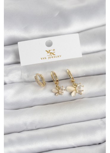 Erb Pirinç Gold Renk Kelebek Model 3\'lü Kadın Küpe