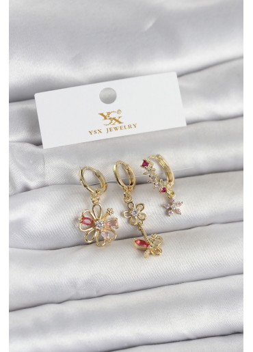 Erb Pirinç Gold Renk Çiçek Model 3\'lü Kadın Küpe