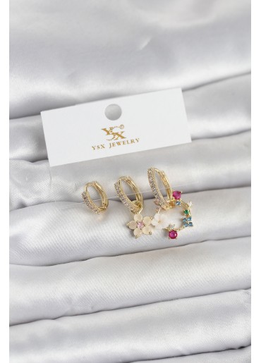 Erb Pirinç Gold Renk Çiçek Model 3\'lü Kadın Küpe
