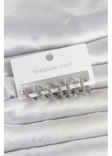 Erb 316L Çelik Gümüş Renk Zirkon Taşlı Halka Model Kadın Küpe Seti