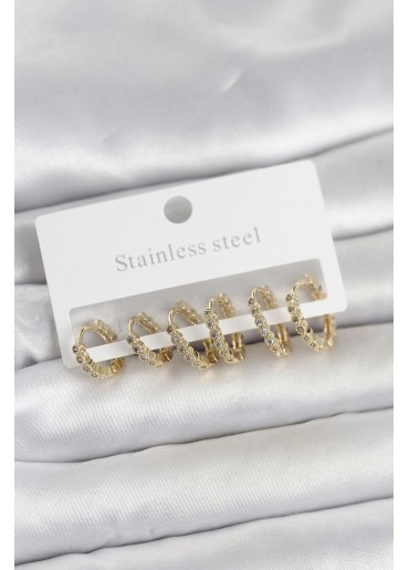 Erb 316L Çelik Gold Renk Zirkon Taşlı Halka Model Kadın Küpe Seti