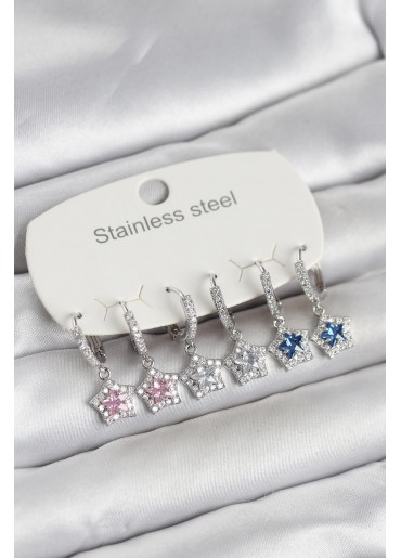 Erb 316L Çelik Gümüş Renk Zirkon Taşlı Yıldız Form 6\'lı Set Kadın Küpe