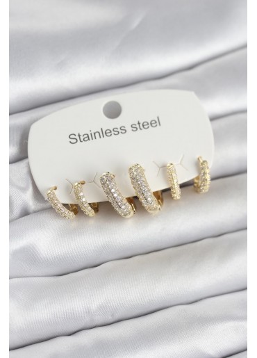 Erb 316L Çelik Gold Renk 6\'lı Set Zirkon Taşlı Halka Model Kadın Küpe