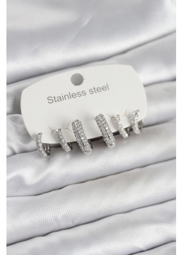 Erb 316L Çelik Gümüş Renk 6\'lı Set Zirkon Taşlı Halka Model Kadın Küpe