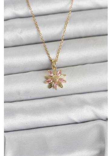 Erb 316L Çelik Zincir Gold Renk Pembe Papatya Model Kadın Kolye