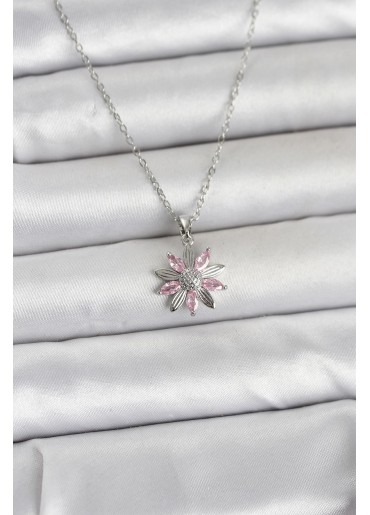 Erb 316L Çelik Zincir Gümüş Renk Pembe Papatya Model Kadın Kolye