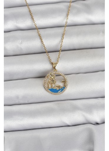Erb 316L Çelik Zincir Gold Renk Zirkon Taşlı Deniz Temalı Kadın Kolye