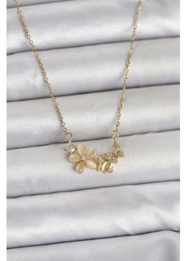 Erb 316L Çelik Zincir Gold Renk Çiçek Ve Kelebek Model Kadın Kolye