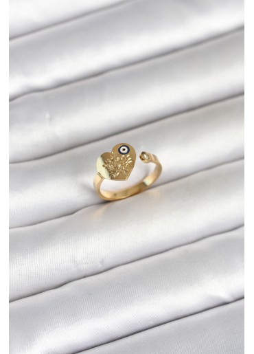 Erb 316L Çelik Gold Renk Nazar Detaylı Kalp Model Kadın Yüzük