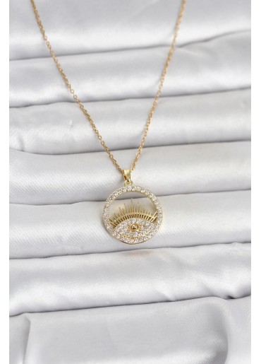 Erb 316L Çelik Gold Renk Zirkon Taşlı Göz Model Kadın Kolye