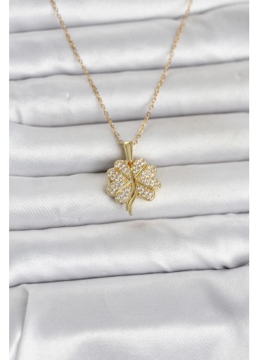 Erb 316L Çelik Gold Renk Açılabilir Yonca Model Zirkon Taşlı Kadın Kolye