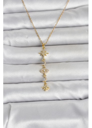 Erb 316L Çelik Gold Renk Kutup Yıldızı Y Model Zirkon Taşlı Kadın Kolye