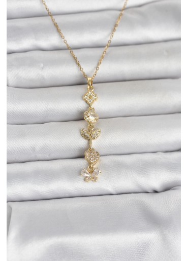 Erb 316L Çelik Gold Renk Şans Kolyesi Y Model Zirkon Taşlı Kadın Kolye