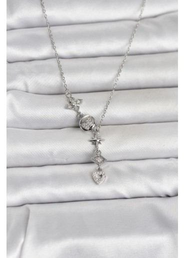 Erb 316L Çelik Gümüş Renk Zirkon Taşlı Y Kadın Kolye