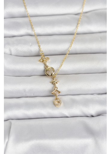 Erb 316L Çelik Gold Renk Zirkon Taşlı Y Kadın Kolye