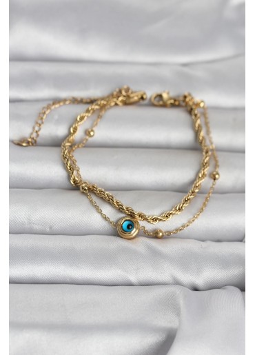 Erb 316L Çelik Gold Renk Burgu Zincir Ve Nazarlı Kadın Bileklik