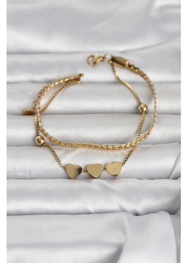 Erb 316L Çelik Gold Renk Ezme Zincir Ve Kalpli Kadın Bileklik