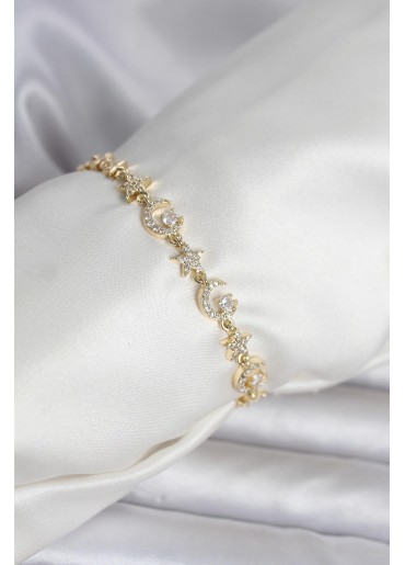 Erb Pirinç Gold Renk Zirkon Taşlı Ay Ve Yıldız Model Kadın Bileklik