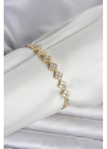 Erb Pirinç Gold Renk Yonca Model Zirkon Taşlı Kadın Bileklik