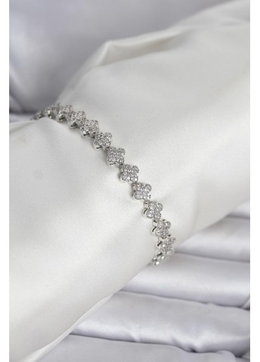 Erb Pirinç Gümüş Renk Yonca Model Sıralı Zirkon Taşlı Kadın Bileklik