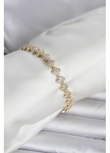 Erb Pirinç Gold Renk Yonca Model Sıralı Zirkon Taşlı Kadın Bileklik