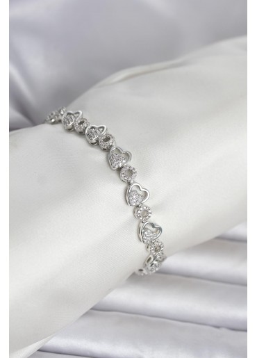 Erb Pirinç Gümüş Renk Zirkon Taşlı Kalp Model Kadın Bileklik