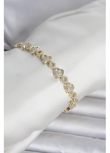 Erb Pirinç Gold Renk Zirkon Taşlı Kalp Model Kadın Bileklik