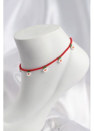 Erb Kırmızı Renk Boncuklu Papatya Motifli Halhal