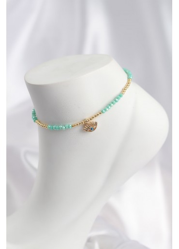 Erb Su Yeşili Renk Boncuklu Nazarlı Göz Figürlü Halhal