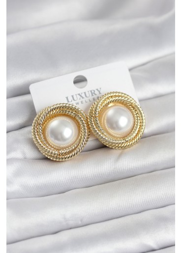 Erb Pirinç Gold Renk Sarmal Model İncili Kadın Küpe