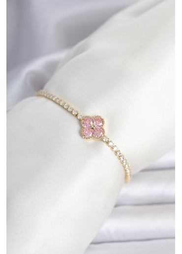 Erb Pirinç Gold Renk Pembe Zirkon Taşlı Yonca Model Su Yolu Kadın Bileklik