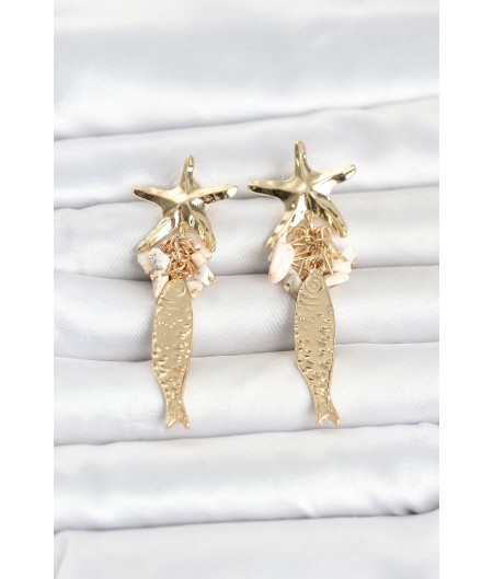 Erb Deniz Yıldızı Ve Balık Detaylı Krem Taşlı Gold Renk Kadın Küpe Erb Deniz Yıldızı Ve Balık Detaylı Krem Taşlı Gold Renk Kadın Küpe