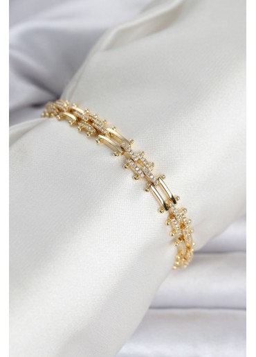 Erb Pirinç Gold Renk Kare Zincir Model Zirkon Taşlı Kadın Bileklik