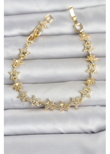 Erb Sıralı Yıldız Model Zirkon Taşlı Gold Renk Pirinç Kadın Bileklik