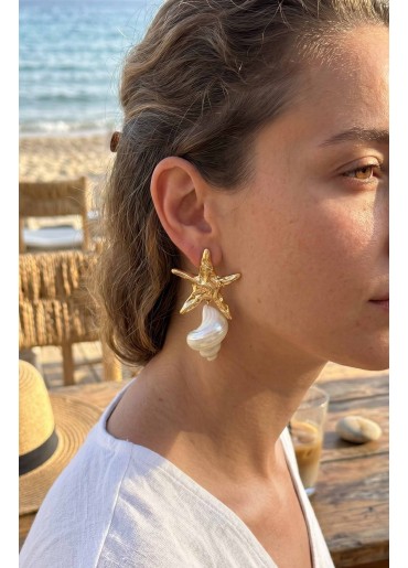 Erb Doğal Deniz Kabuğu Ve Gold Renk Yıldız Model Kadın Küpe
