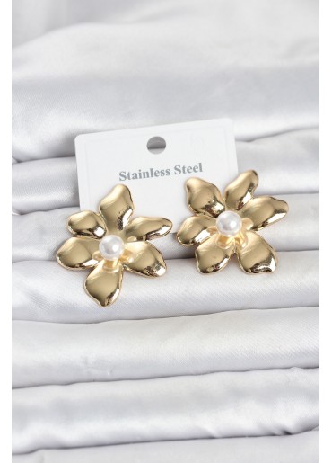 Erb 316L Çelik Gold Renk İncili Lotus Model Kadın Küpe
