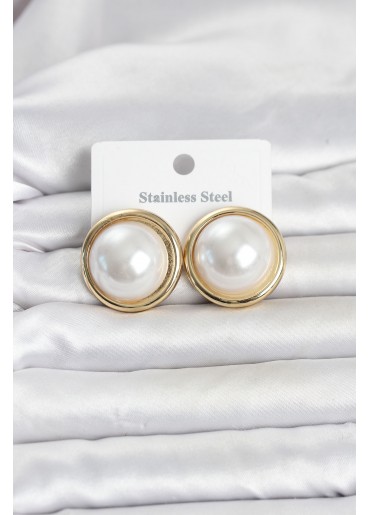 Erb 316L Çelik Gold Renk İnci Model Vintage Kadın Küpe