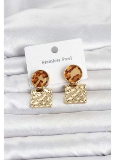 Erb 316L Çelik Gold Renk Leopar Desenli Plaka Model Kadın Küpe