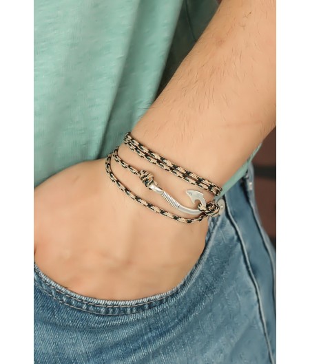 Erb Krem Renk Çizgi Desenli Metal Kancalı Erkek Bileklik