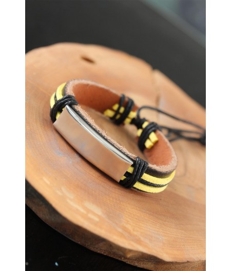 Erb Metal Aksesuarlı Sarı Siyah Renk Deri Erkek Bileklik Erb Metal Aksesuarlı Sarı Siyah Renk Deri Erkek Bileklik