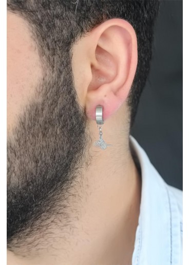 Erb Silver Renk Kaplama Osmanlı Tuğra Figürlü Kıstırmalı Çelik Erkek Küpe