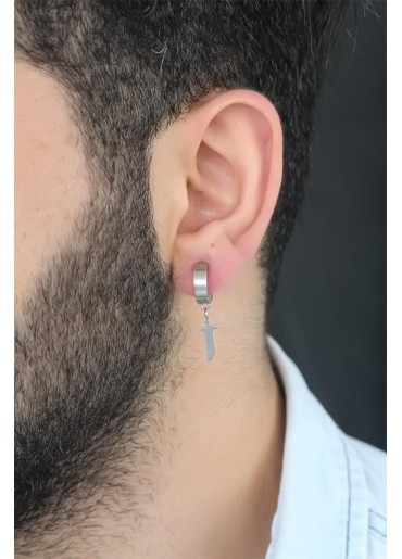 Erb Silver Renk Kaplama Kılıç Figürlü Çelik Kıstırmalı Erkek Küpe
