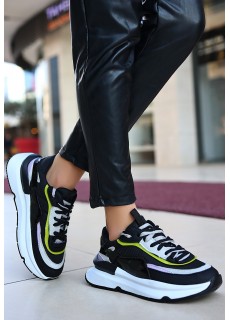 Aleh Siyah Cilt Lila Detaylı Spor Ayakkabı