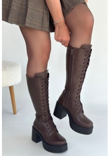 Guay Kahverengi Cilt Bağcıklı Topuklu Çizme