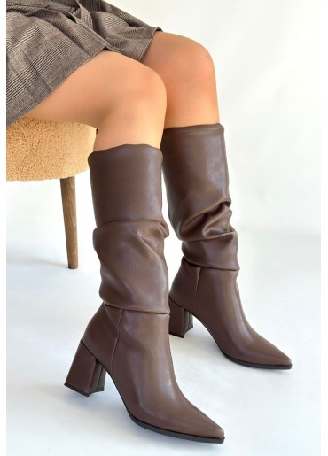 Pitay  Kahverengi Cilt Körüklü Topuklu Çizme