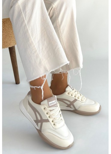 Zlay Bej Cilt Vizon Detaylı Bağcıklı Spor Ayakkabı