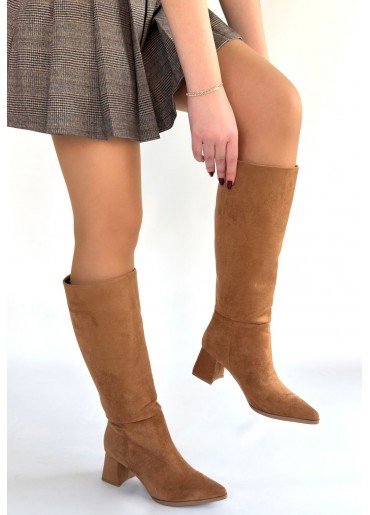 Roksa Taba Süet Topuklu Çizme