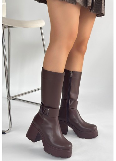 Moki Kahverengi Cilt Topuklu Çizme